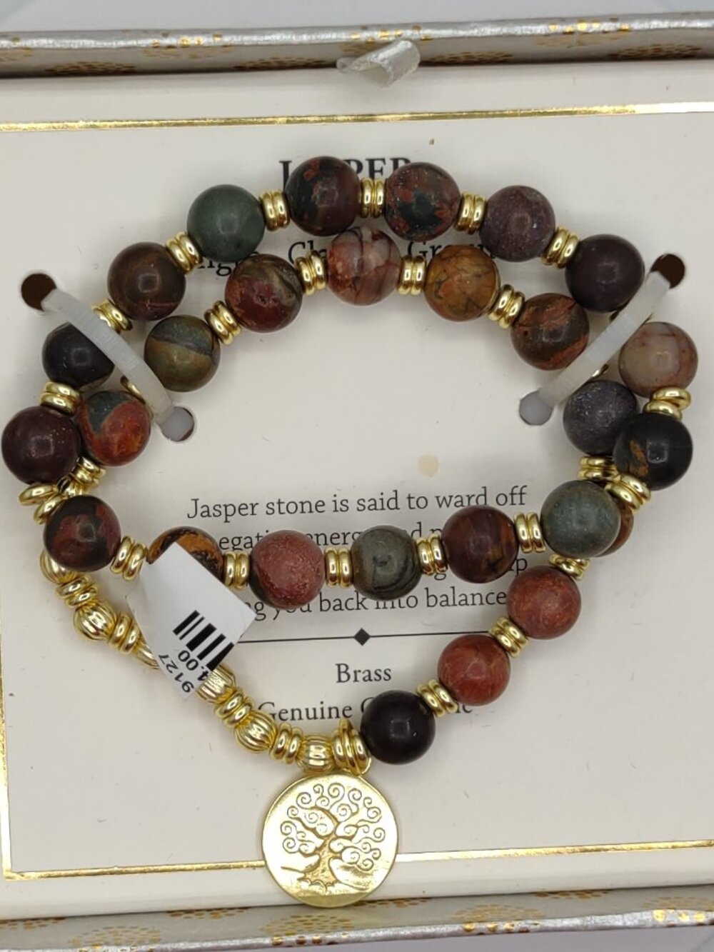 2-Jasper Bracelets-Stretch - Genuine Gemstone + Brass 'Tree Life' Charm SHIVAM